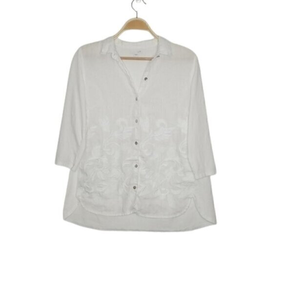 J. Jill White 100% Linen Floral Embroidered Button Down Tunic Top - Picture 1 of 6